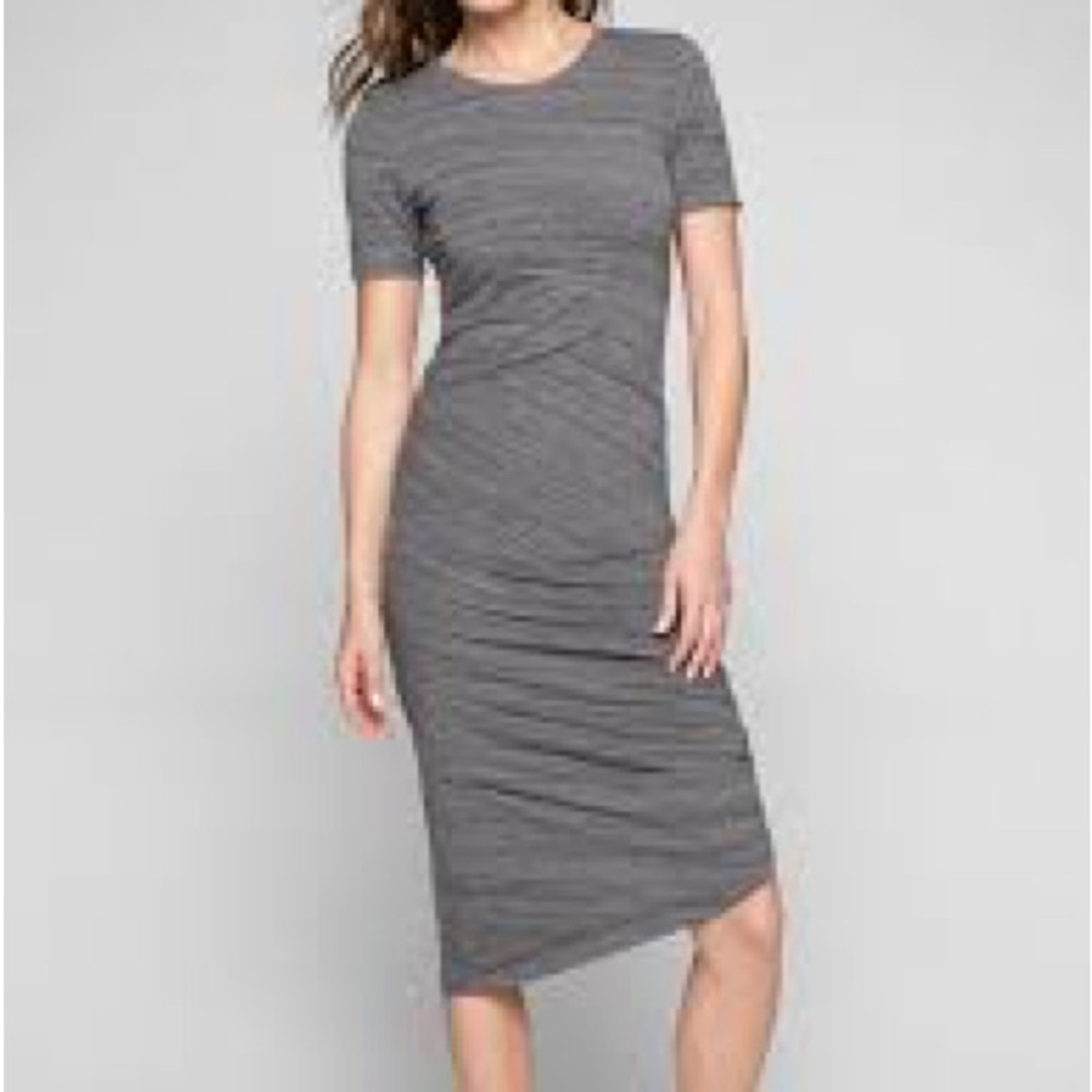 Athleta Midi Dress Downtown Double Ruched Asymmetrical Gray Soft Women’s XS